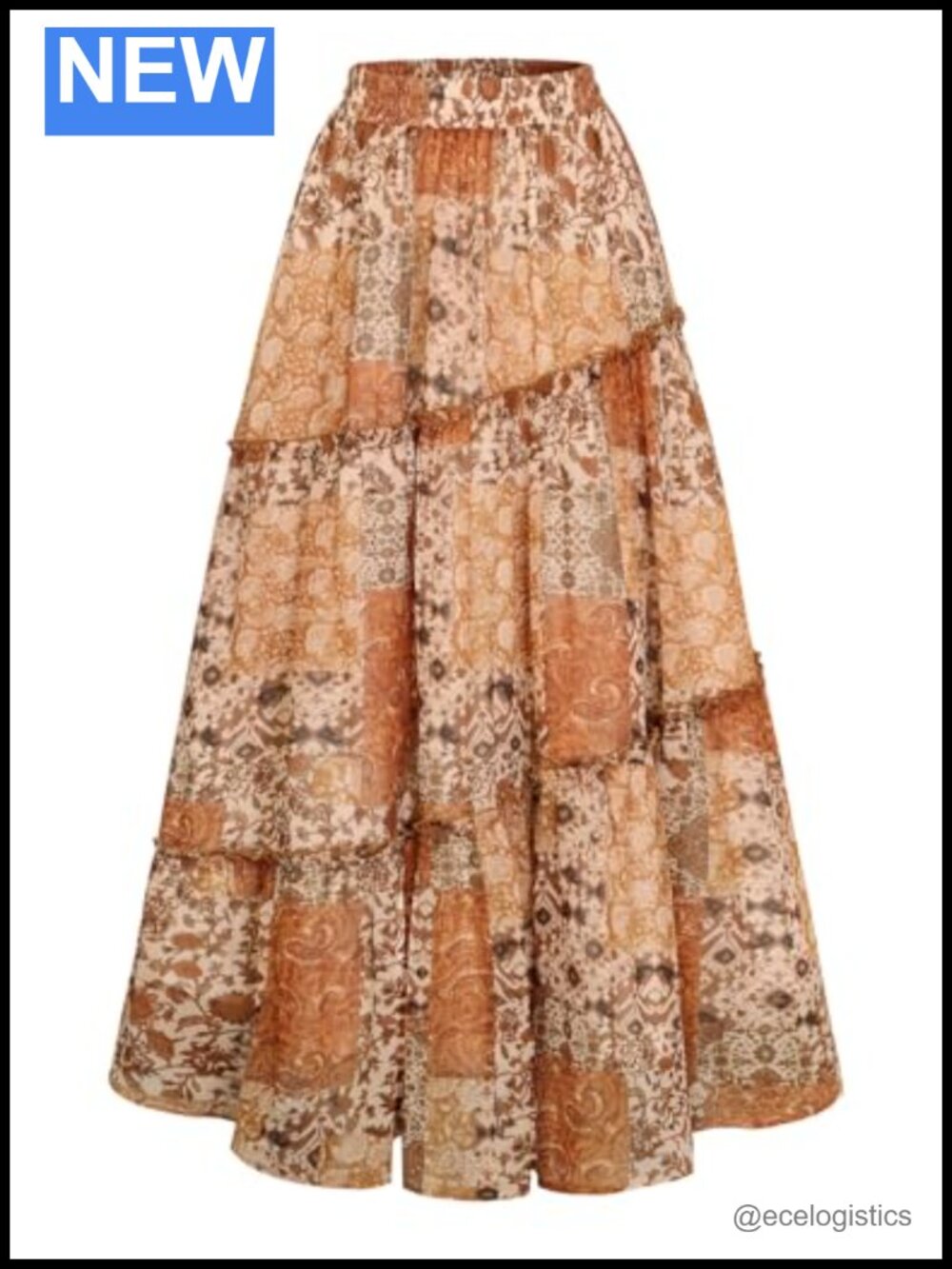 Boho Patchwork Tiered Maxi Skirt with Pockets - Flowy Chiffon